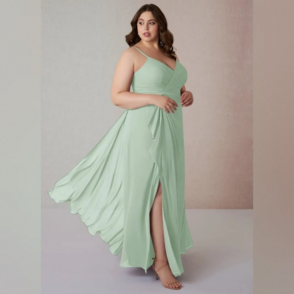 NWT Azazie Emerald A-Line Ruffled Chiffon Dress in Agave - Picture 3 of 15